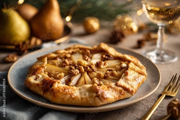 Fototapeta Spiced Pear and Walnut Galette on light blue plate with gold fork. Concept of warm, cozy indoor setting with festive decorations, rustic galette filled with pears and walnuts.