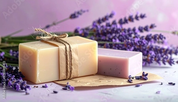 Obraz Handmade Natural Lavender Soap Bars with Fresh Flowers.