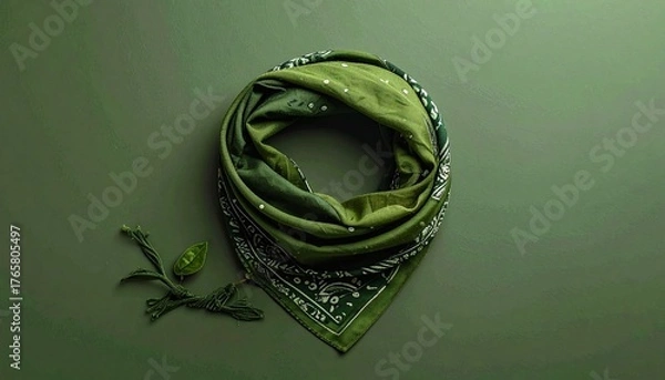 Obraz Elegant green patterned silk scarf on a monochromatic background.