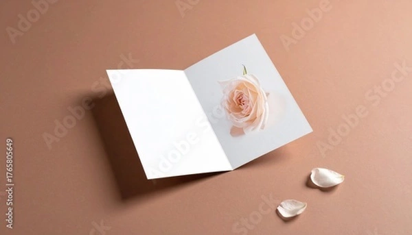 Obraz Open Greeting Card Mockup with Flower on Brown Background.
