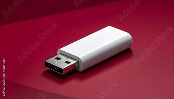 Obraz White USB flash drive for data storage on a red background.