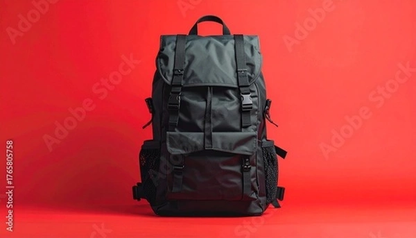 Obraz Black travel backpack standing against a solid red background.