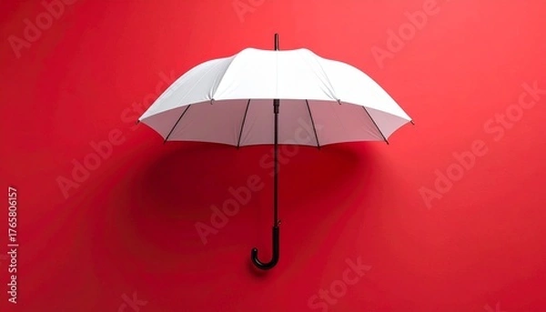 Obraz A single white open umbrella suspended against a solid red background.