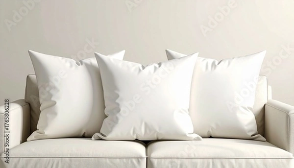 Obraz Three Blank White Pillows on a Comfortable Sofa Mockup.