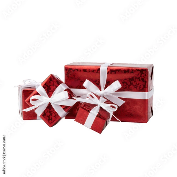 Obraz Festive Red Gift Boxes with White Ribbons on Black Background Still Life
