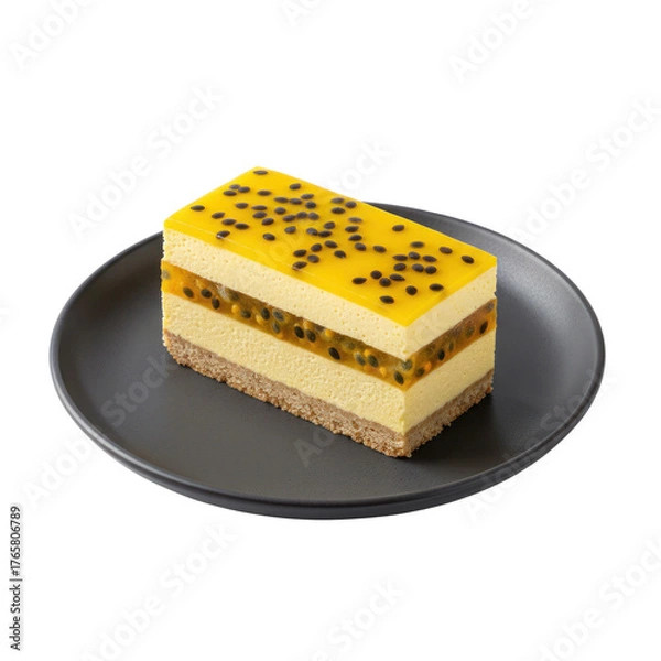Obraz Exquisite passion fruit dessert on plate against black background highlighting sweet layers