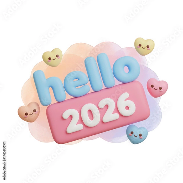 Fototapeta Cute hello 2026 celebratory 3D rendering with pastel clouds and heart faces design
