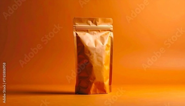 Obraz Golden Foil Pouch Packaging Mockup on Orange Background.