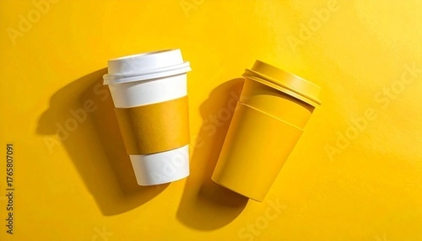 Obraz Two Takeaway Coffee Cups on a Bright Yellow Background.