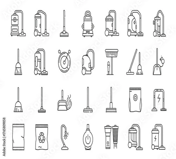 Obraz Collection of cleaning tools and appliances icons isolated on white background showcasing vacuum cleaners, brooms, dustpans, and other equipment for household hygiene
