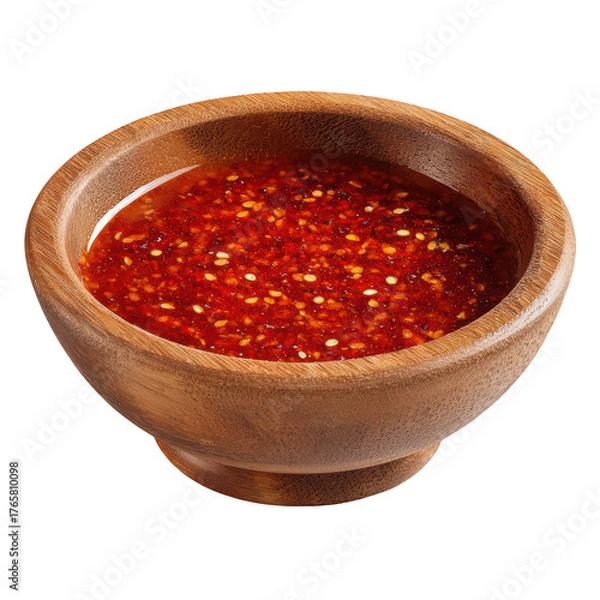Fototapeta A rustic wooden bowl filled with a vibrant red chili and sesame seed dipping sauce isolated on a black background