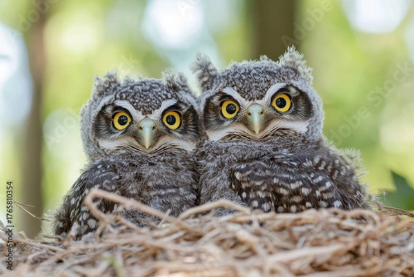 Fototapeta Adorable fluffy owls nestled together in a tree nest with bright yellow eyes in forest setting
