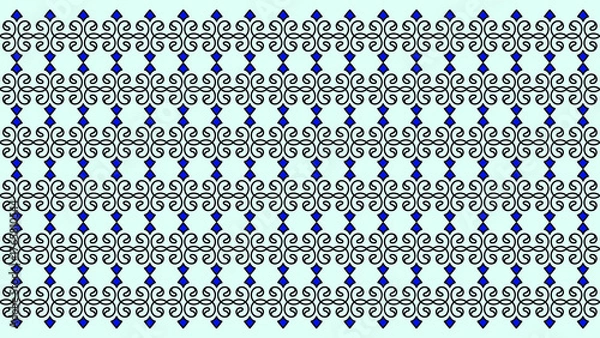 Obraz Seamless Ornate Scroll Pattern with Blue Diamonds on Light Cyan Background
