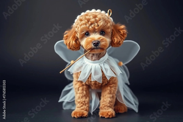 Fototapeta A small, fluffy poodle wears a whimsical white fairy costume with wings. The dog poses confidently in a dark studio, showcasing its adorable features and charming outfit