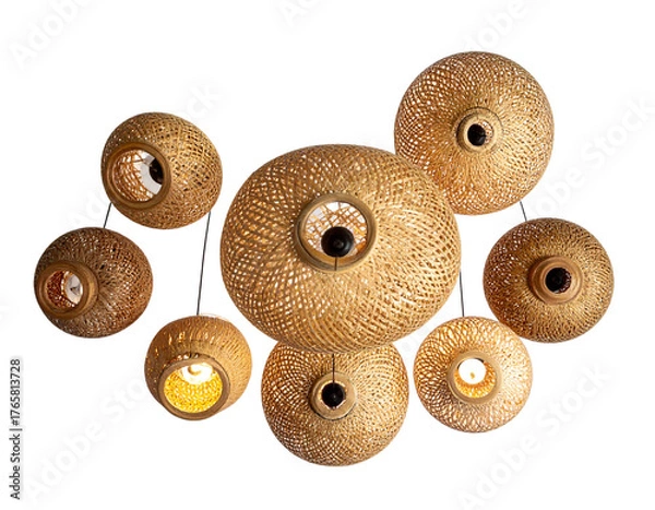 Obraz Rustic Wicker Ceiling Light with Exposed Bulb, Angled Perspective, isolated