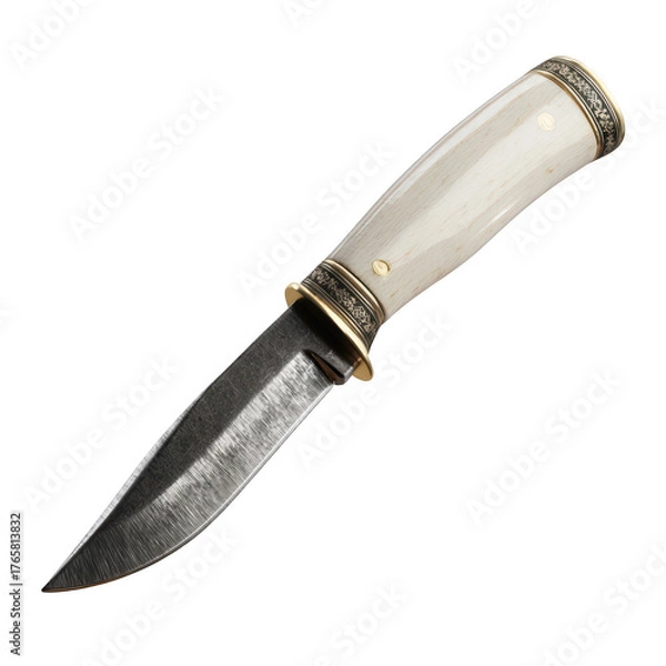 Fototapeta A beautifully crafted fixed-blade knife featuring a light-colored handle with ornate brass-toned details and a dark textured steel blade rests against a solid black background