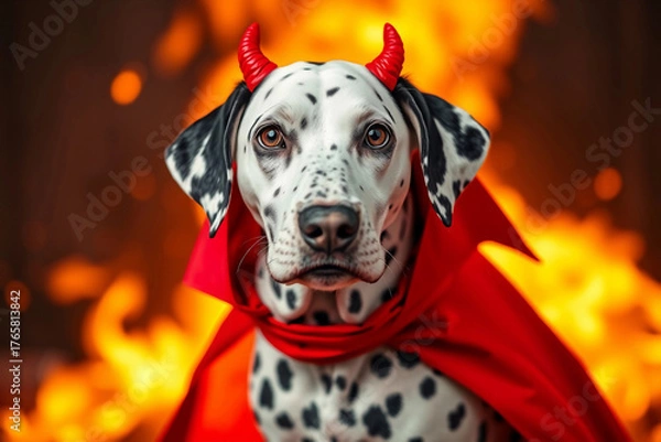 Fototapeta A Dalmatian dog poses wearing a red cape and devil horns in front of a bright, flickering fire, showcasing a fun Halloween spirit. The setting is festive and playful, emphasizing the seasonal joy