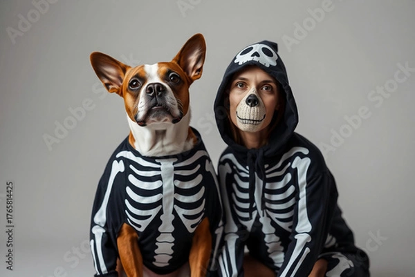 Fototapeta A dog and its owner wear matching skeleton costumes, sitting together in a cozy indoor setting, capturing the spirit of Halloween with a playful atmosphere