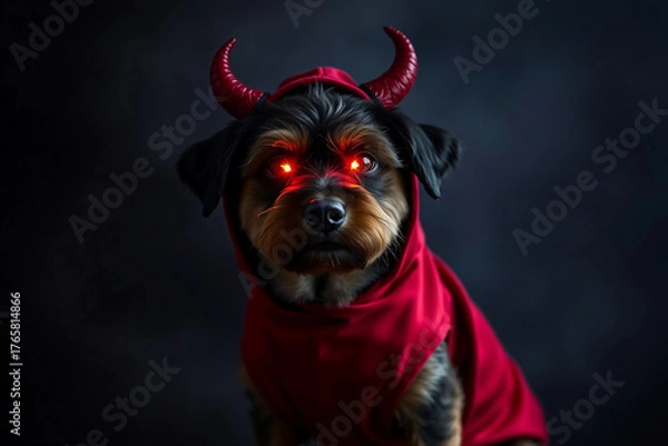 Fototapeta A clever dog wears a red devil costume complete with horns and glowing red eyes. The dark background highlights the playful and spooky theme, making it perfect for Halloween festivities