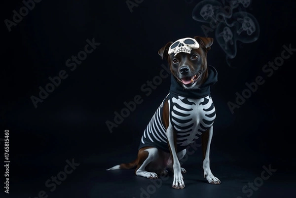 Fototapeta A cheerful dog wearing a skeleton hoodie smiles while sitting against a dark background. This festive scene captures the spirit of Halloween with playful decorations