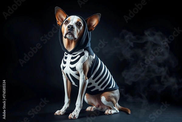 Fototapeta A small dog wearing a black hoodie with a skeleton design sits gracefully. The background is dark, creating a mysterious atmosphere enhanced by swirling smoke