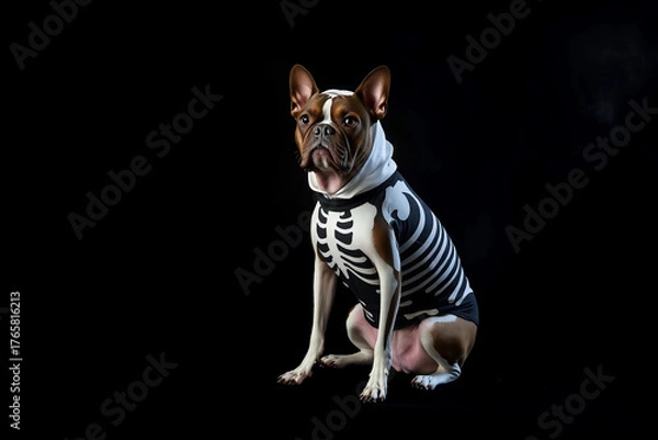 Fototapeta A playful dog dressed in a black and white skeleton outfit sits calmly against a dark backdrop. This festive scene captures the spirit of Halloween and showcases the dog's unique costume