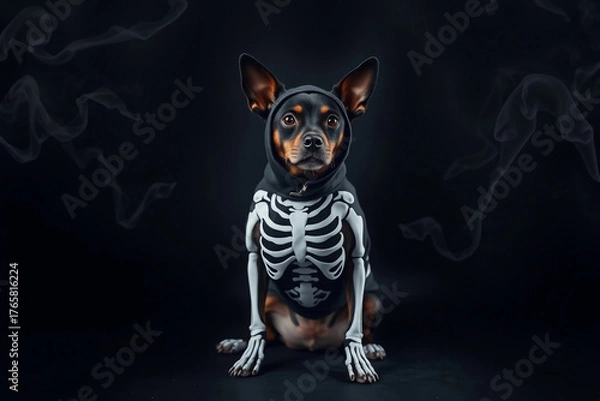 Fototapeta A small dog is wearing a skeleton costume, posing calmly against a dark background. The setting has a spooky vibe, perfect for Halloween or themed events