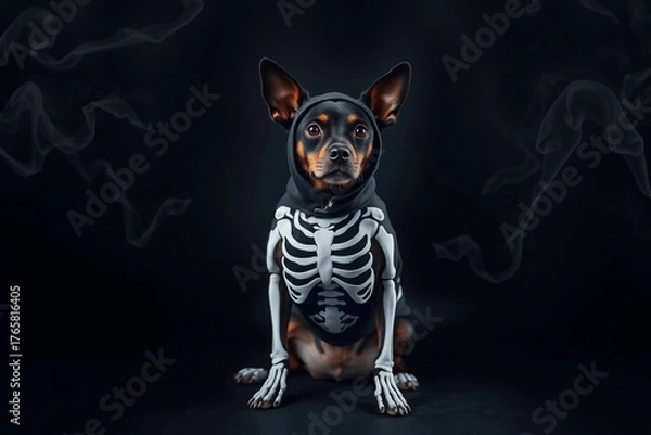 Fototapeta A small dog is dressed in a skeleton costume sitting calmly against a dark backdrop. Smoke effects add an eerie atmosphere perfect for Halloween festivities