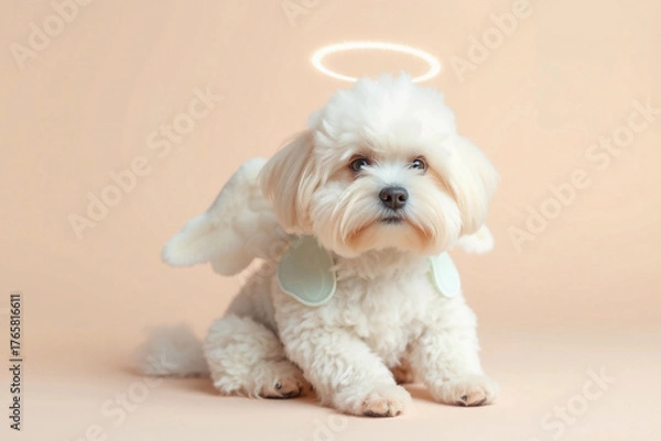 Fototapeta A fluffy white dog sits calmly on a soft pastel-colored surface, wearing angel wings and a halo. The playful scene showcases the dog's adorable expression, creating a joyful atmosphere