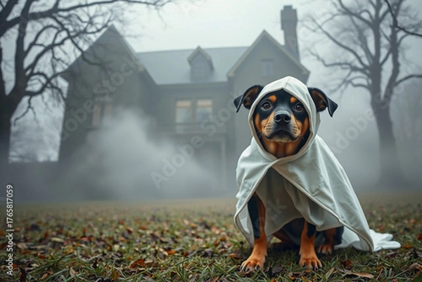 Fototapeta A dog wears a white cloak while sitting on wet grass in front of an old, spooky house during foggy weather. The scene captures an eerie yet charming vibe in the evening light