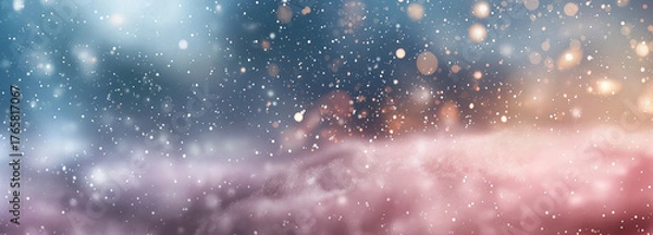 Fototapeta Christmas winter blurred dreamy background, Christmas tree decorated with garland lights and snowflakes, festive celebration atmosphere background, widescreen backdrop. New Year art design, widescreen