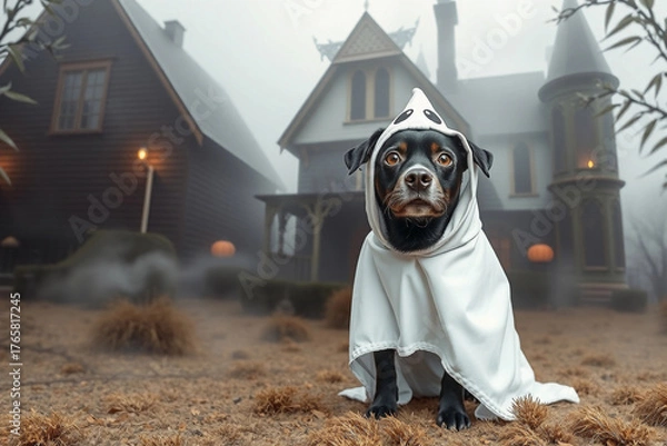 Fototapeta A cheerful dog dressed as a ghost stands proudly in front of a spooky haunted house. The atmosphere is foggy, adding to the Halloween spirit with decorations and an eerie backdrop