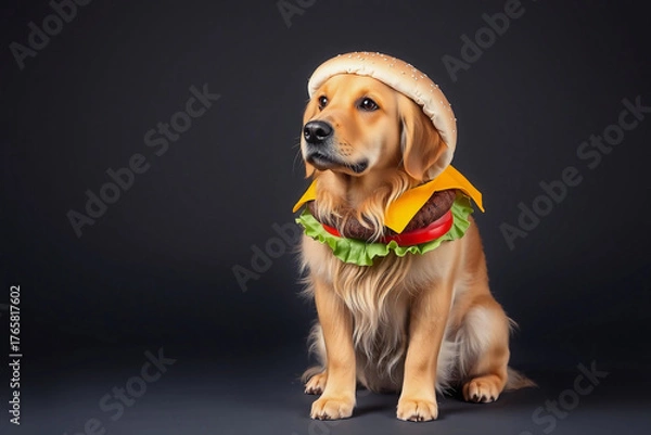 Fototapeta A golden retriever sits proudly wearing a burger hat and colorful costume with lettuce and tomato details. The studio background emphasizes the fun and playful theme