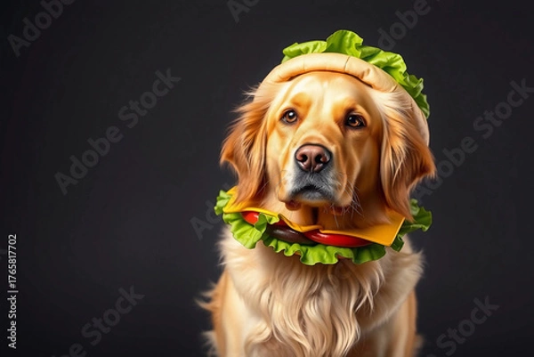 Fototapeta A golden retriever sits calmly, adorned with a whimsical hamburger costume that includes lettuce and tomato accents. The dark background enhances the dog's charming expression