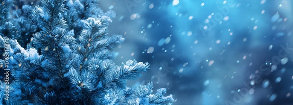 Fototapeta Christmas winter blurred dreamy background, Christmas tree decorated with garland lights and snowflakes, festive celebration atmosphere background, widescreen backdrop. New Year art design, widescreen