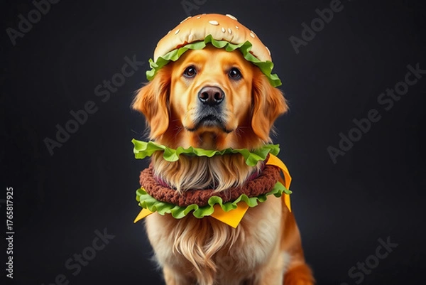 Fototapeta A golden retriever wears a large hamburger hat with layers of lettuce and bun accessories, posing playfully against a dark background. The scene captures the fun spirit of pet dress-up