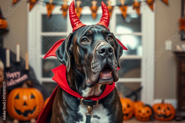 Fototapeta A dog wears a red cape and devil horns, sitting in a festive room decorated for Halloween. The background features carved pumpkins and holiday decorations