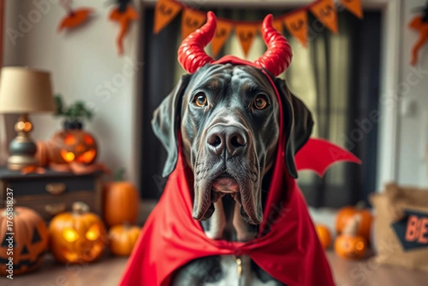 Fototapeta A great dane is wearing red devil horns and a matching cape, surrounded by decorated pumpkins and eerie Halloween decorations in a cozy indoor space