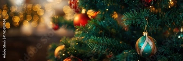 Fototapeta A close-up showcases a decorated Christmas tree with blurred lights and ornaments. Concept of holiday cheer, festive traditions, and joyful celebrations during the winter season.