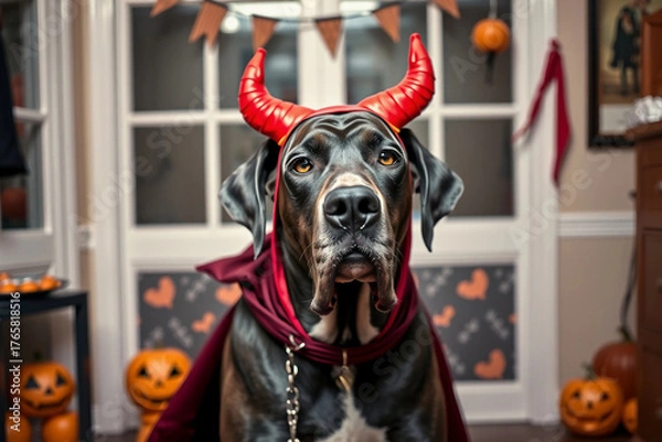 Fototapeta A Great Dane dressed in a red devil costume stands in a decorated living room with Halloween pumpkins and orange accents. The atmosphere is festive and playful