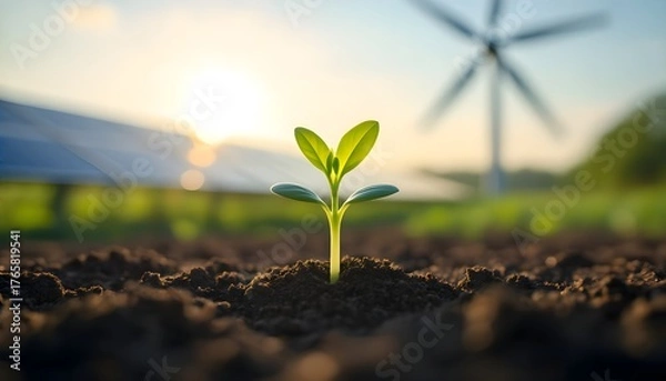 Fototapeta Young Green Plant Growing with Solar Panels – Renewable Energy and Sustainable Agriculture Concept.