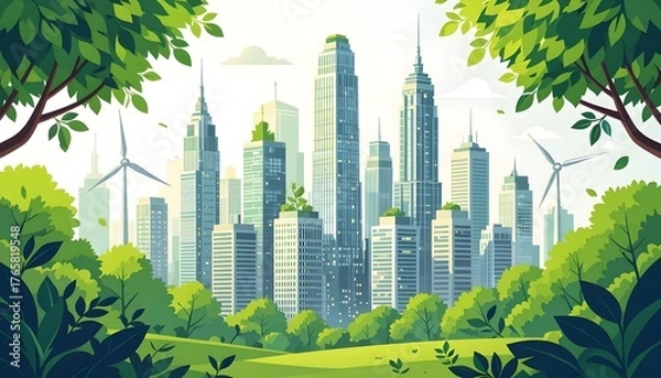 Fototapeta Sustainable Green City with Modern Skyscrapers and Renewable Energy.