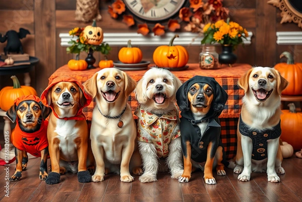 Fototapeta Six dogs wearing colorful costumes stand happily in front of a table filled with pumpkins and autumn decorations. The scene captures a lively, festive atmosphere with warm fall colors