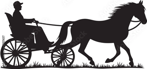 Fototapeta Black silhouette of a horse pulling a cart with a driver