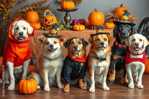 Fototapeta Six dogs dressed in various Halloween costumes pose happily together indoors. They sit in front of a table adorned with pumpkins and festive decorations, celebrating the Halloween spirit