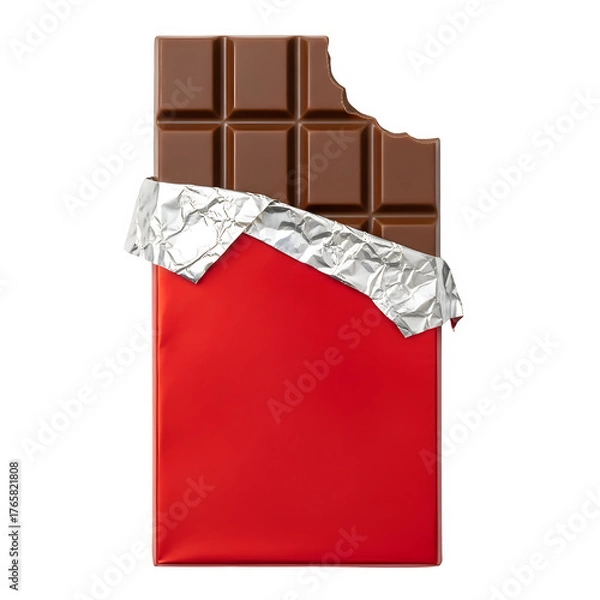 Fototapeta Delicious chocolate bar partially unwrapped with a bite missing. Perfect for food, dessert, and sweet treat concepts. Isolated on white or transparent background. PNG format.