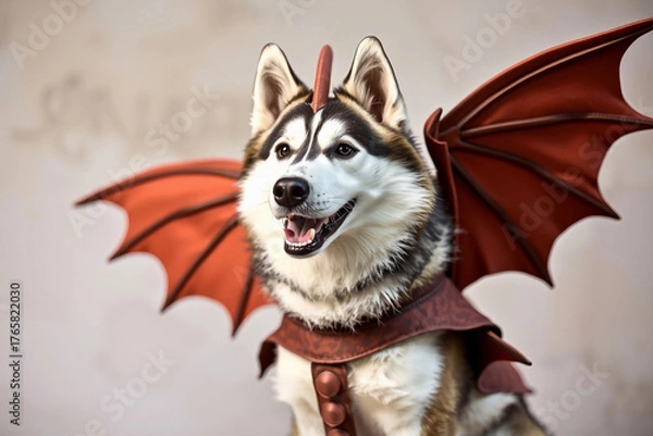 Fototapeta A cheerful husky dog wearing a striking dragon costume stands proudly with red wings and a decorative collar. The background hints at a sunny outdoor location, creating a joyful atmosphere