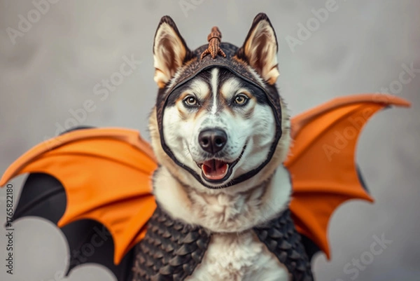 Fototapeta A playful dog wearing a dragon costume with orange bat wings looks cheerful. The setting is simple and neutral, highlighting the dog's joyful expression and unique outfit