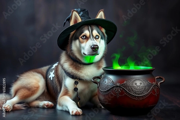 Fototapeta Siberian Husky in a witch hat rests next to a cauldron filled with green liquid. The atmosphere is spooky, perfect for a Halloween celebration, highlighting mystical elements and fun