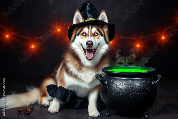 Fototapeta A cheerful dog dressed as a witch sits next to a black cauldron filled with a green potion. Colorful lights decorate the background, creating a festive Halloween atmosphere